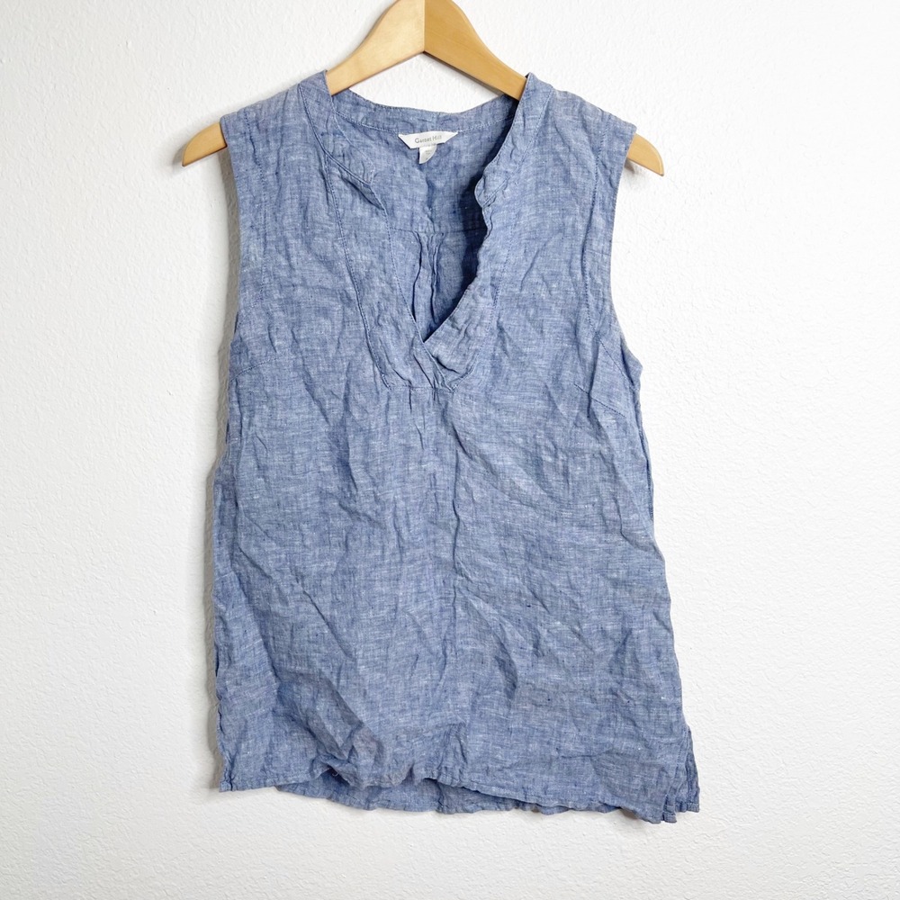 Garnet‎ Hill Womens Blue 100% Linen Sleeveless Split V-Neck Tunic Top Size 6